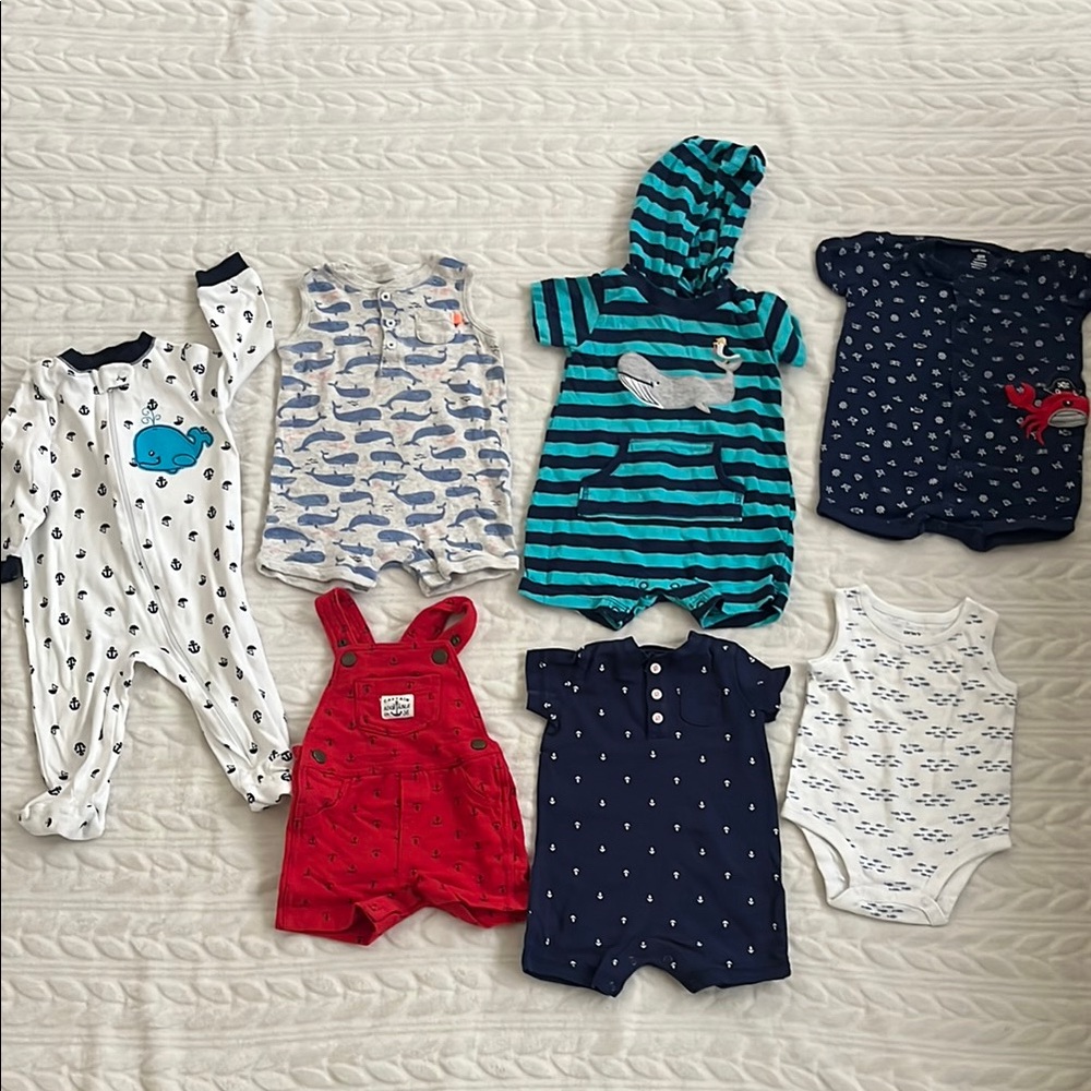 7 pcs Bundle Kids Bodysuits and Rompers - Blue, Red, White. Whale-themed.